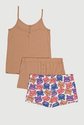 Womens Plus Size Pajama Cami with Shorts 3 Piece Set, Beige, Size 3X