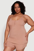 Womens Plus Size Pajama Cami with Shorts 3 Piece Set, Beige, Size 3X