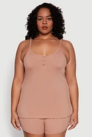 Womens Plus Size Pajama Cami with Shorts 3 Piece Set, Beige, Size 3X
