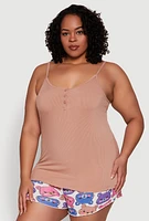 Womens Plus Size Pajama Cami with Shorts 3 Piece Set, Beige, Size 3X