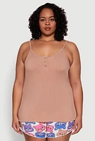 Womens Plus Size Pajama Cami with Shorts 3 Piece Set, Beige, Size 3X