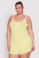Womens Plus Size Lettuce Edge Pajama Cami and Shorts, Yellow, Size 1X