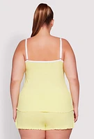 Womens Plus Size Lettuce Edge Pajama Cami and Shorts, Yellow, Size 1X