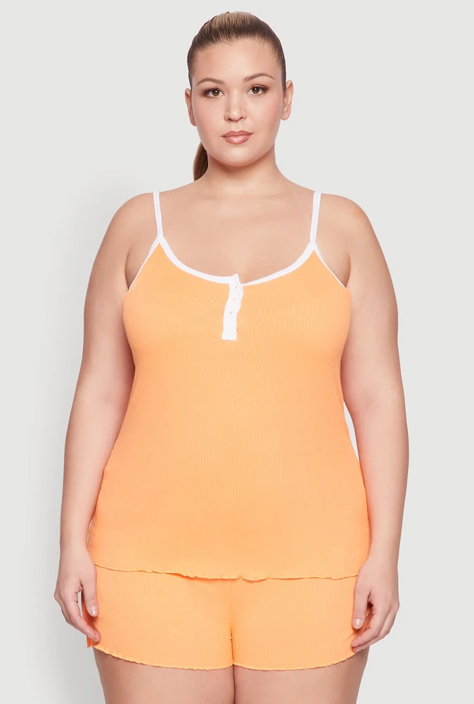 Womens Plus Size Lettuce Edge Pajama Cami and Shorts, Orange, Size 1X