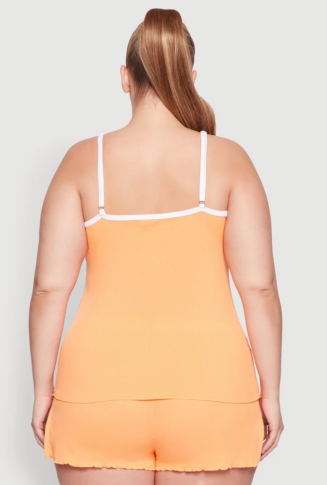 Womens Plus Size Lettuce Edge Pajama Cami and Shorts, Orange, Size 1X