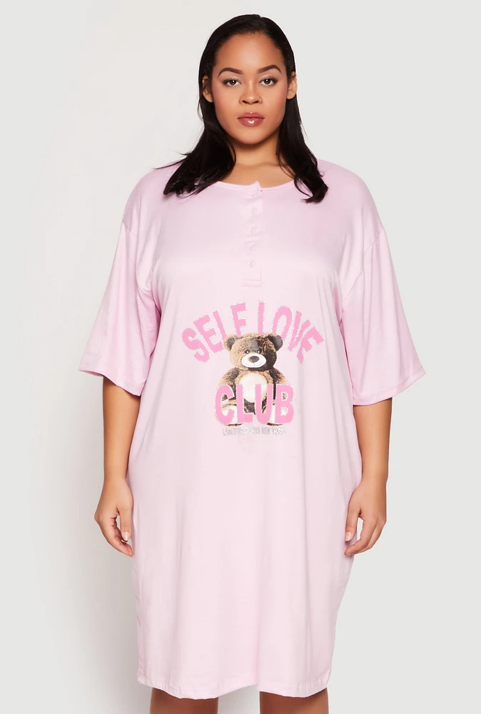 Womens Plus Size Self Love Club Glitter Graphic Sleepshirt, Pink