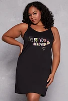 Womens Plus Be You Loved Graphic Cami Nightgown with Robe, Black,