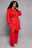 Womens Plus Size Ribbed Knit Pajama Tank Top and Pants with Robe, Red, Size 2X