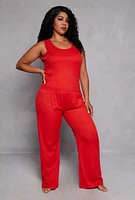 Womens Plus Size Ribbed Knit Pajama Tank Top and Pants with Robe, Red, Size 2X