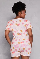 Womens Plus Gummy Bears Graphic Pajama Romper, Pink,