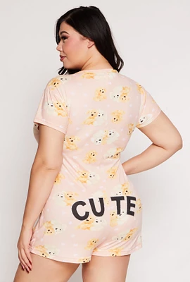 Womens Plus Size Teddy Bear Print Button Front Pajama Romper, Pink, Size 1X