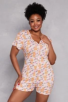 Womens Plus Size Lets Cuddle Bear Print Pajama Romper, Multi, Size 3X