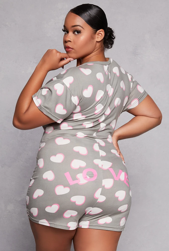 Womens Plus Love Heart Print Pajama Romper,