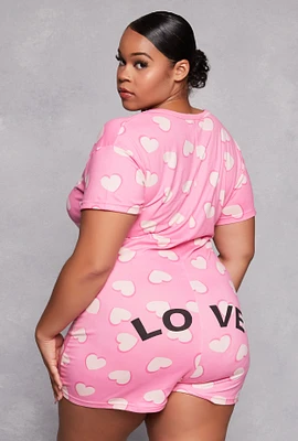 Womens Plus Size Love Heart Print Pajama Romper, Pink, Size 2X