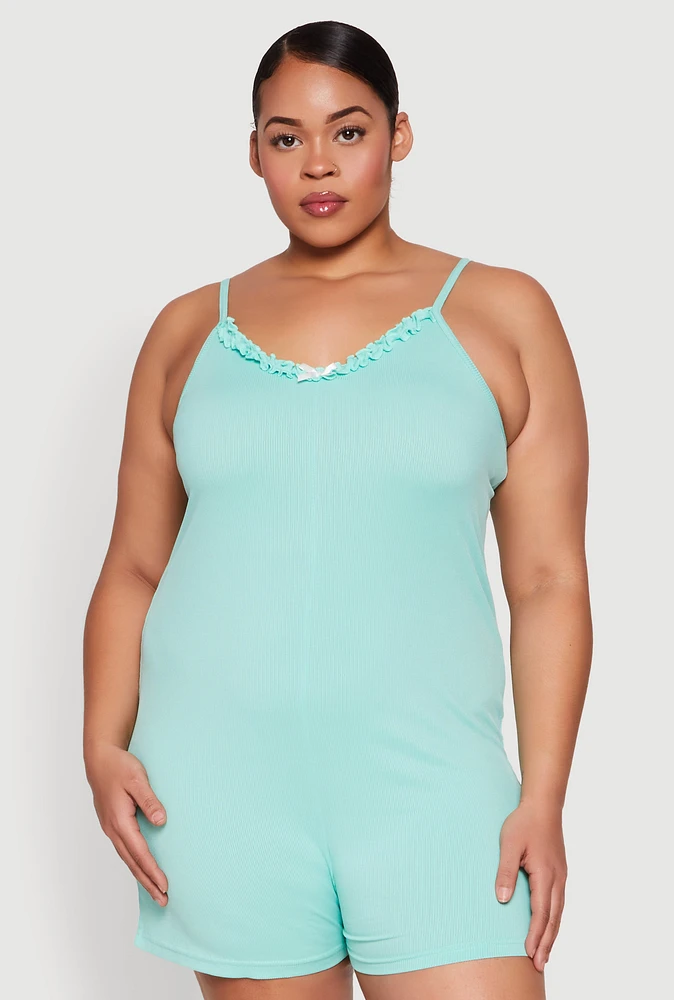 Womens Plus Size Ribbed Knit Ruffle Cami Pajama Romper, Green, Size 3X