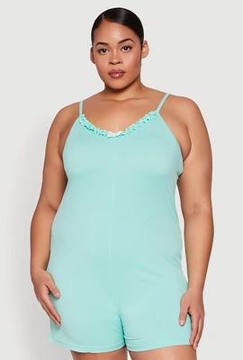 Womens Plus Size Ribbed Knit Ruffle Cami Pajama Romper, Green, Size 3X