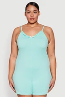 Womens Plus Size Ribbed Knit Ruffle Cami Pajama Romper, Green, Size 3X