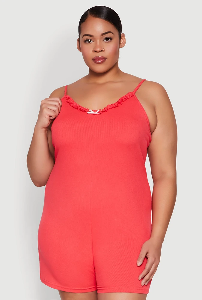 Womens Plus Ribbed Knit Ruffle Cami Pajama Romper, 3X