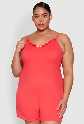 Womens Plus Ribbed Knit Ruffle Cami Pajama Romper, 3X