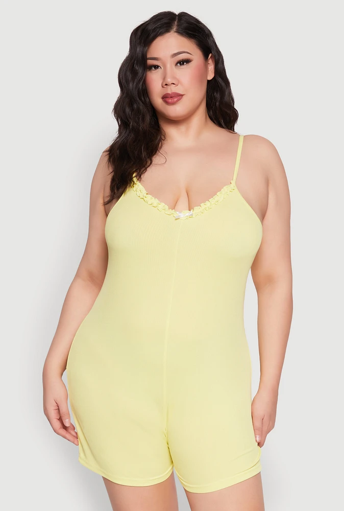 Womens Plus Size Ribbed Knit Ruffle Cami Pajama Romper, Yellow, Size 1X