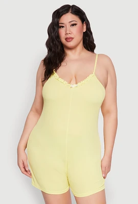 Womens Plus Size Ribbed Knit Ruffle Cami Pajama Romper, Yellow, Size 1X