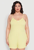 Womens Plus Size Ribbed Knit Ruffle Cami Pajama Romper, Yellow, Size 1X