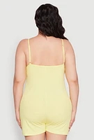 Womens Plus Size Ribbed Knit Ruffle Cami Pajama Romper, Yellow, Size 3X