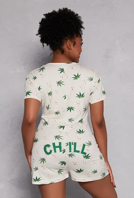 Womens Plus Chill Leaf Graphic Pajama Romper, Multi,