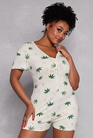 Womens Plus Chill Leaf Graphic Pajama Romper, Multi,
