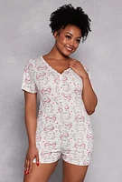 Womens Plus Size Purrfect Cat Print Pajama Romper, White, Size 2X