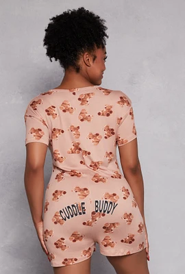 Womens Plus Size Teddy Bear Print Button Front Pajama Romper, Brown, Size 2X