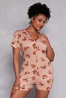 Womens Plus Size Teddy Bear Print Button Front Pajama Romper, Brown, Size 2X
