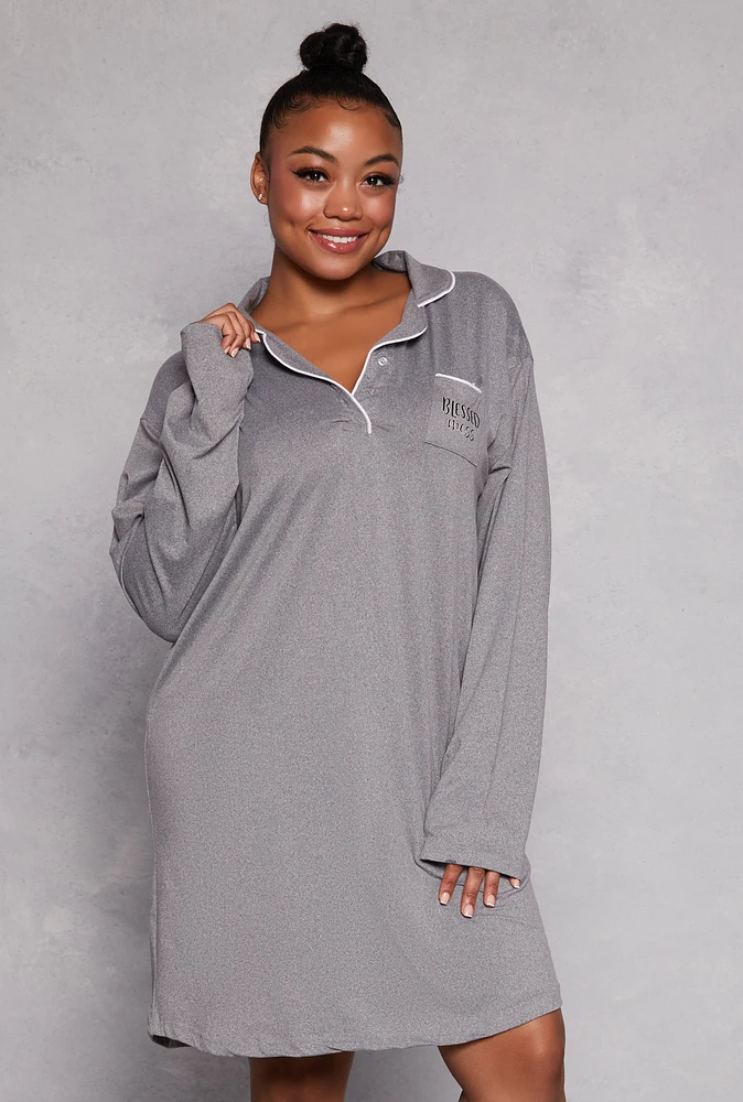 Womens Plus Graphic Long Sleeve Sleep Shirt, Grey,