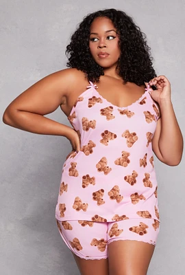 Womens Plus Size Teddy Bear Print Pajama Cami and Shorts, Pink, Size 2X