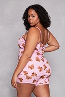 Womens Plus Size Teddy Bear Print Pajama Cami and Shorts, Pink, Size 2X