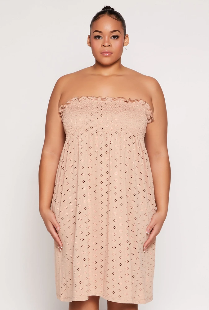 Womens Plus Size Eyelet Strapless Sleep Dress, Beige, Size 2X