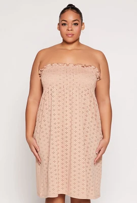 Womens Plus Size Eyelet Strapless Sleep Dress, Beige, Size 2X