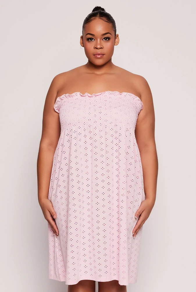 Womens Plus Size Eyelet Strapless Sleep Dress, Pink, Size 3X