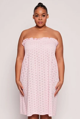 Womens Plus Size Eyelet Strapless Sleep Dress, Pink, Size 3X