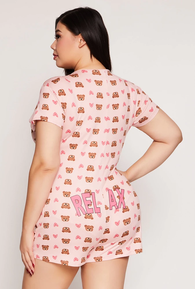 Womens Plus Size Relax Graphic Print Pajama Romper, Pink, Size 1X