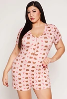 Womens Plus Size Relax Graphic Print Pajama Romper, Pink, Size 1X