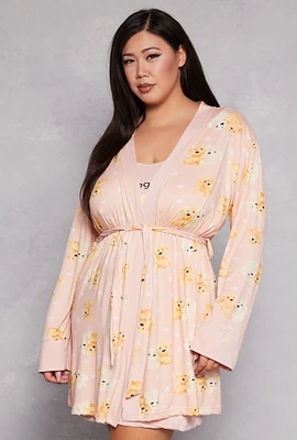 Womens Plus Size Graphic Cami Nightgown with Dog Print Robe, Beige, Size 3X