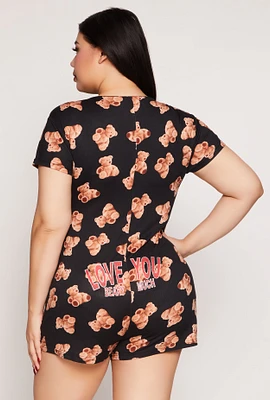 Womens Plus Size Love You Beary Much Pajama Romper, Multi, Size 1X