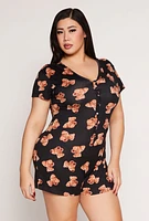 Womens Plus Size Love You Beary Much Pajama Romper, Multi, Size 1X
