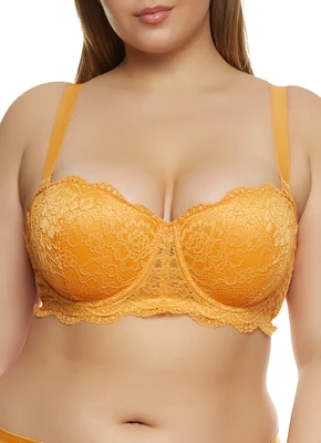 Womens Plus Scalloped Floral Lace Balconette Bra | Converts to Strapless, Orange,