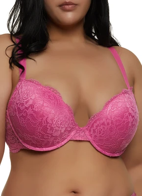 Womens Plus Size Floral Lace Caged Back Plunge Bra, Pink, Size 38C