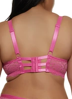 Womens Plus Size Floral Lace Caged Back Plunge Bra, Pink, Size 38C