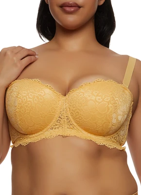 Womens Plus Size Scalloped Solid Floral Lace Balconette Bra | Converts to Strapless, Yellow, Size 44C