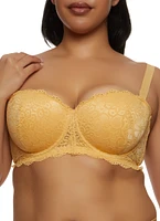 Womens Plus Size Scalloped Solid Floral Lace Balconette Bra | Converts to Strapless, Yellow, Size 44C