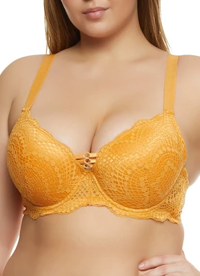 Womens Plus Size Patterned Lace Caged Plunge Bra, Orange, Size 40C